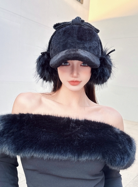 NIUYANG 原创秋冬潮款保暖耳罩二合一棒球帽串珠蝴蝶结质感鸭舌帽