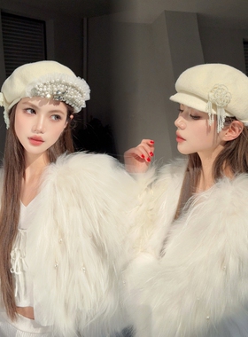 CREAMPP 原创双面造型珍珠蕾丝翻边羊毛画家帽短檐流苏优雅贝雷帽