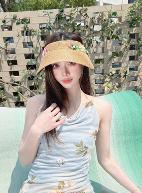 CREAMPP 原创春夏极细拉菲草大檐遮阳飘带草帽古风珠花发带空顶帽
