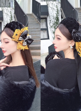 CREAMPP 原创复古优雅天鹅绒提花飘带编织发饰山茶花钻饰质感发箍