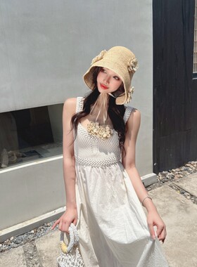 CREAMPP 设计师lolita极细钩针拉菲草发兜帽花朵吊坠森系萝莉草帽