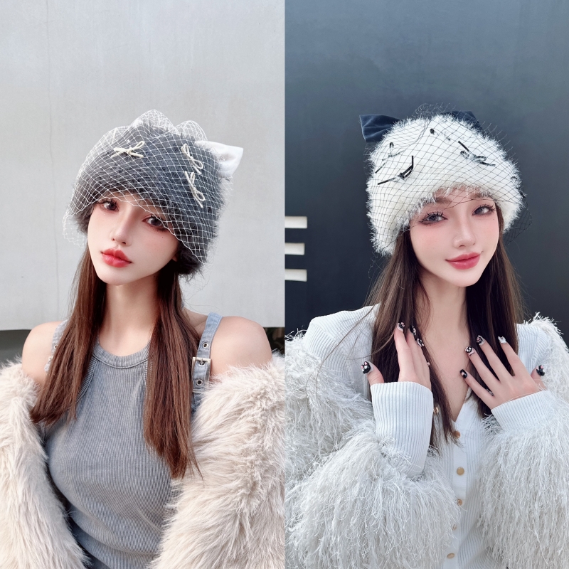 CREAMPP 原创秋冬糯叽叽毛绒厚针织手工蝴蝶结整圈网纱保暖针织帽