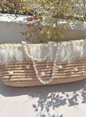 CREAMPP 原创春夏重工华丽羽毛珍珠吊坠拉菲草手提编织单肩草编包