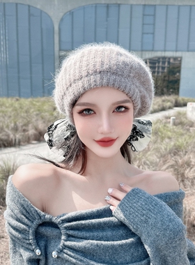 CREAMPP 原创秋冬加厚兔毛针织保暖优雅网纱植绒蝴蝶结堆堆贝雷帽