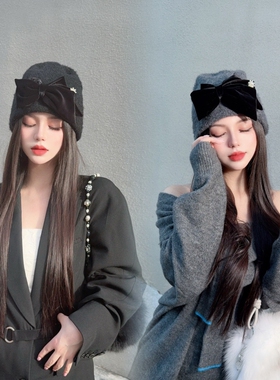 CREAMPP 原创秋冬双层加厚绒感针织韩系高冷简约针织帽蝴蝶结冷帽