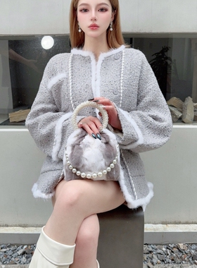 CREAMPP 设计师高档时髦进口月牙十字原色貂珍珠手提包链条水桶包