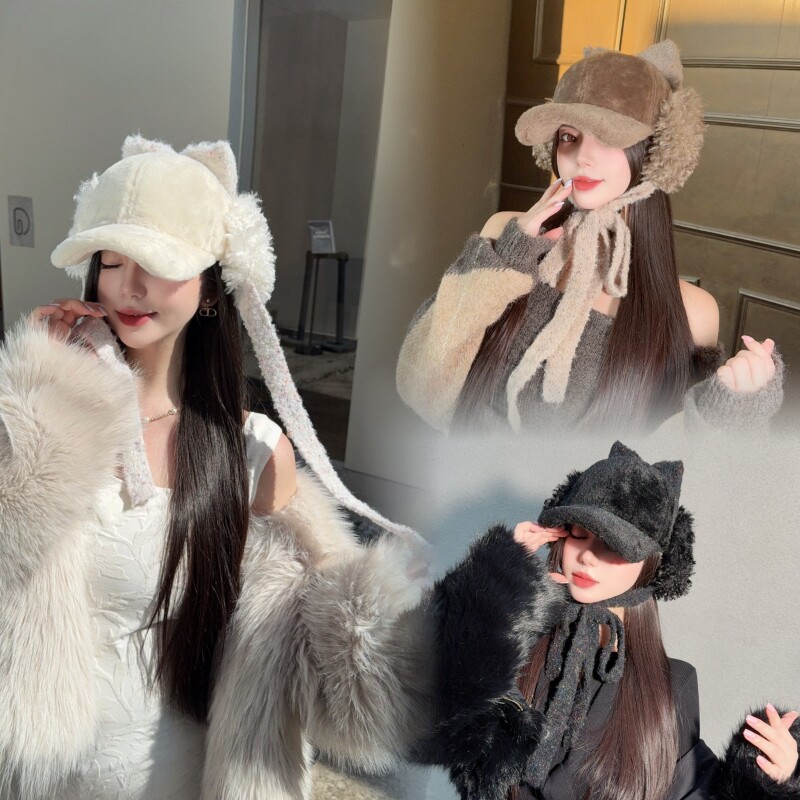 NIUYANG 原创秋冬甜美慵懒保暖毛绒自绑护耳针织蝴蝶结加厚鸭舌帽