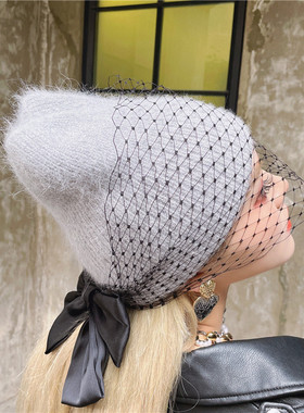 CREAMPP 时髦配饰 原创后背蝴蝶结耳朵兔毛线网眼面纱优雅针织帽