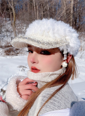 「雪儿」原创设计优雅手钩兔毛针织串珠流苏百搭淑女空顶鸭舌帽