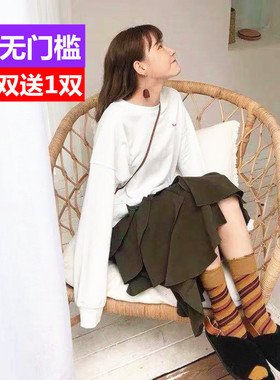 mona张绮贤同款姜黄色斜条纹袜中筒袜vc网红袜子女潮牌复古堆堆袜