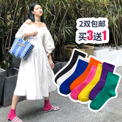 韩国玫红橘色紫色港风堆堆袜袜子