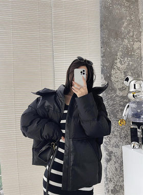 AE男女情侣连帽叠布拼接羽绒服