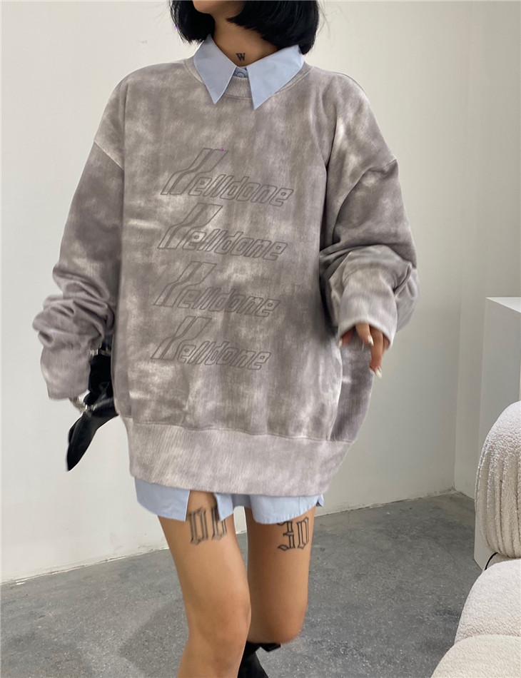 We11WD 超酷不规则脏洗效果3M字母反光印花圆领卫衣 男女OS宽松