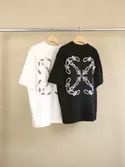 Street Fashion Paisley Letter Black and White Contrast Square Arrow Embroidery Unisex Summer Crew Neck Short Sleeve T-Shirt