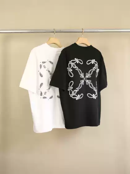 Street Fashion Paisley Letter Black and White Contrast Square Arrow Embroidery Unisex Summer Crew Neck Short Sleeve T-Shirt