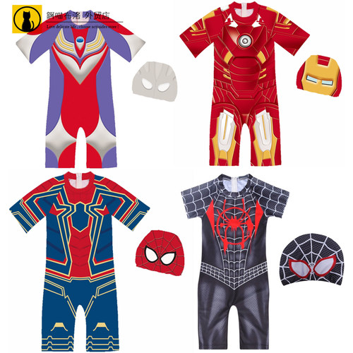 Superhero iron man Spiderman 温泉泳衣  超级英雄儿童泳帽泳衣