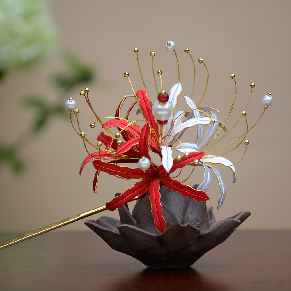 复古红白撞色彼岸花缠花发簪