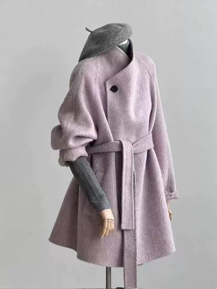 2026新法式复古系带温柔紫羊毛呢子大衣女高级感冬季短款毛呢外套,女装/女士精品,毛呢外套,淘宝优惠券,粉丝福利购,淘宝优惠卷