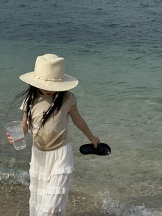 韩代同款东大门ins风日常百搭遮阳帽 儿童海边度假米白色贝壳草帽