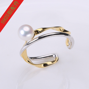 DIY珍珠配件S925纯银双层分色甜美淑女戒指托指环戒托空托配饰品