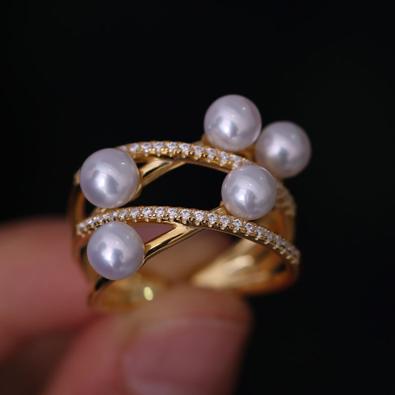 DIY珍珠配件S925纯银微镶时尚4-5mm多珠戒指托指环戒托空托配饰品