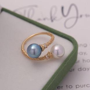 DIY珍珠配件S925纯银k金工艺时尚双珠戒指托指环调节戒托空托配饰