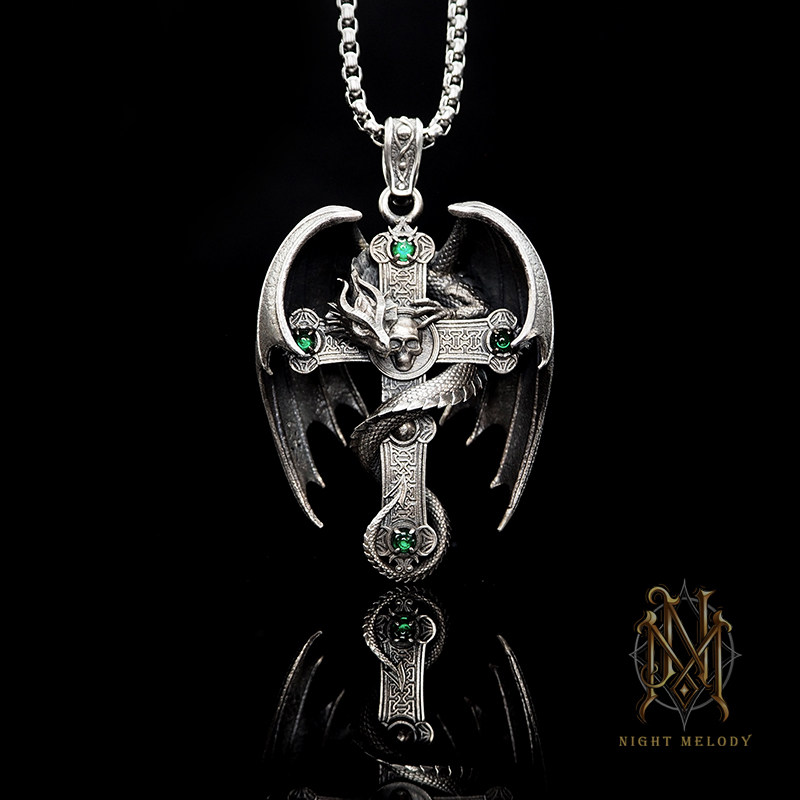 夜曲工作室 925纯银原创设计手工个性复古哥特绿宝石龙十字架吊坠