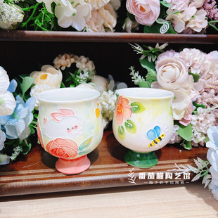 濑户烧陶瓷釉下彩手绘浮雕高脚杯手握杯家用餐具高温水杯礼物 新款