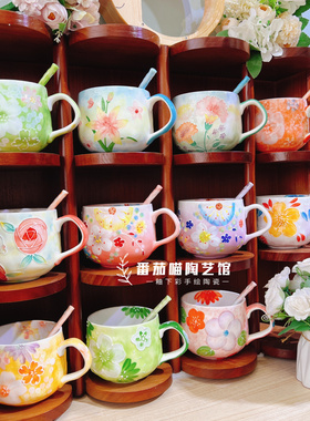 F59濑户烧陶瓷手绘马克杯水杯果汁石头杯早餐杯勺礼物釉下彩奶茶