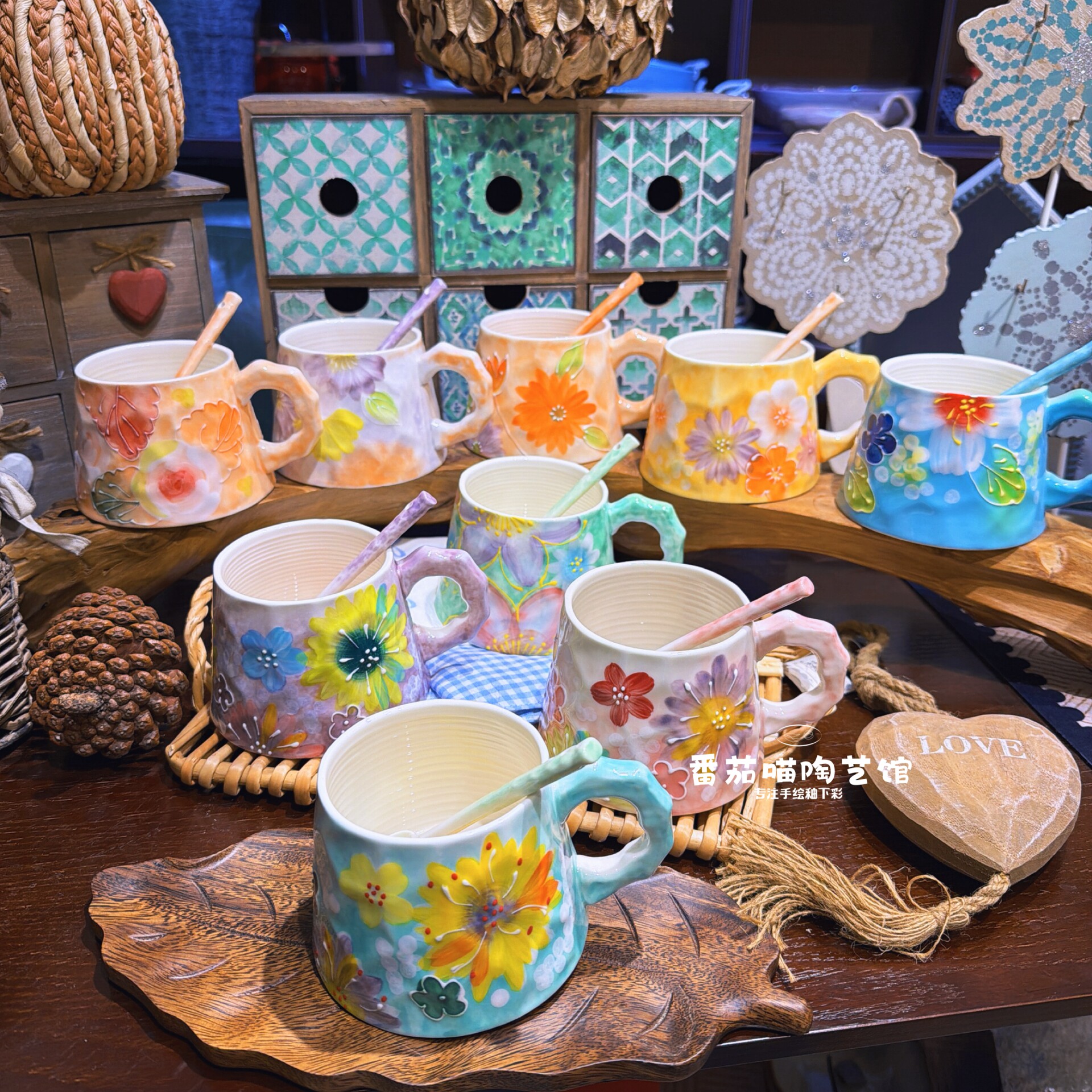 手绘釉下彩濑户烧陶瓷竹杯水杯早餐杯配勺子立体浮雕果汁杯马克杯