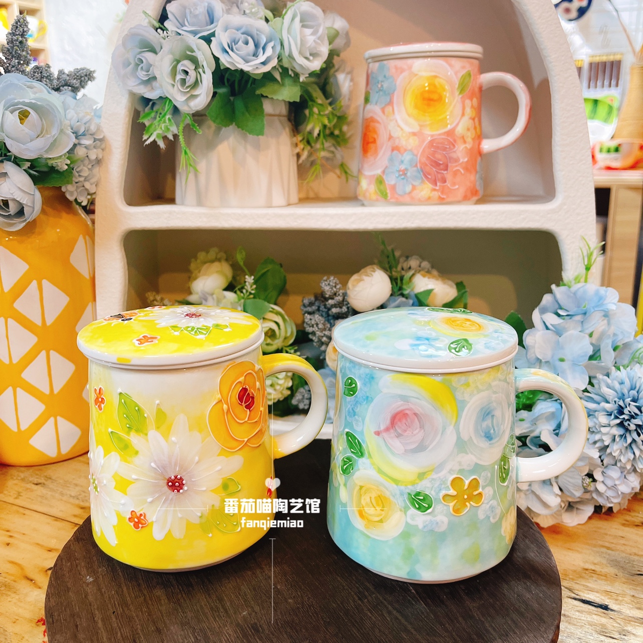 濑户烧新款手绘茶漏杯带盖茶杯满花系列水杯果汁茶杯陶瓷釉下彩