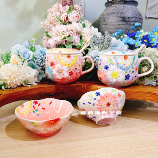 新品 米兰手绘釉下彩陶瓷濑户烧五寸碗马克杯带盖石头杯勺早餐杯勺