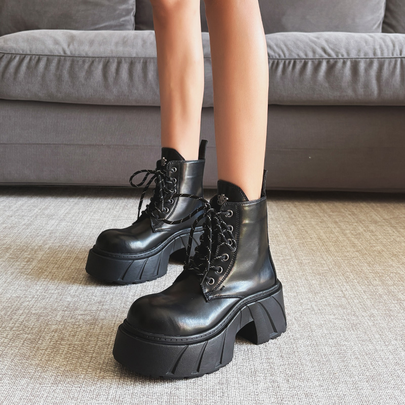 7cm增高粗跟真皮马丁靴短靴