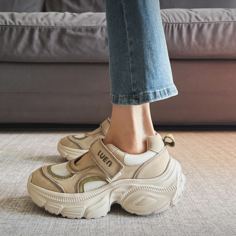 6cm厚底头层牛皮网面运动休闲鞋