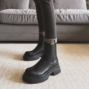 真皮烟筒靴女25秋季 英伦粗跟厚底短靴百搭套筒马丁靴切尔西靴单靴