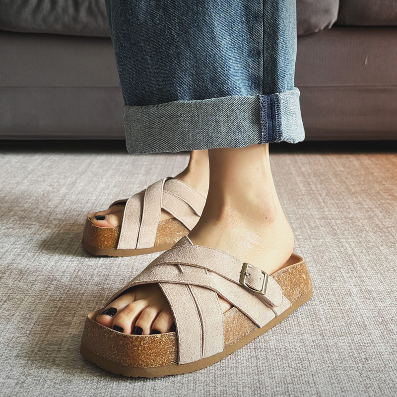 方头牛皮一字露趾软木博肯拖鞋