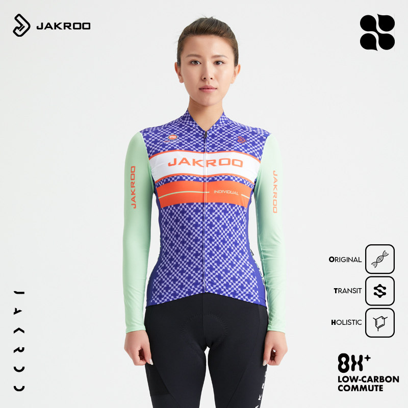 jakroo捷酷春秋新款ind花轮女长袖骑行服修身公路山地自行车衣服