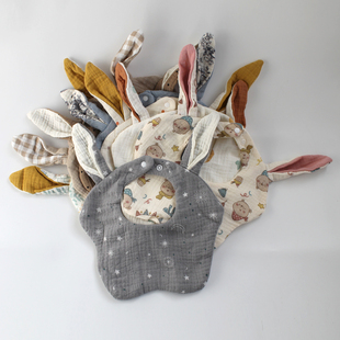 Ins风绉布纯棉6层宝宝纱布口水巾可爱兔耳朵围嘴防吐奶婴儿围嘴