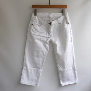 中腰纯白色环保水洗大码 牛仔7分裤 白色牛仔七分裤 K518 女式