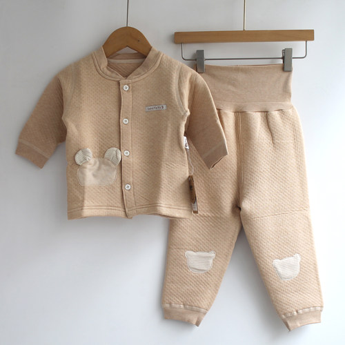 实用推荐款秋冬彩棉保暖空气层婴幼儿护肚裤开身上衣套装W351