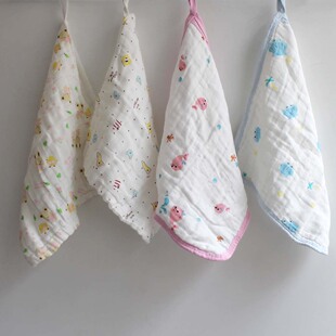 无荧光纯棉纱布水洗方巾 带挂扣6层 口水巾婴儿洗脸巾包边