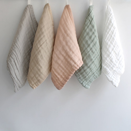 莫兰迪色系透气6层水洗纯棉云朵纱布洗脸巾口水巾挂绳小方巾5条装