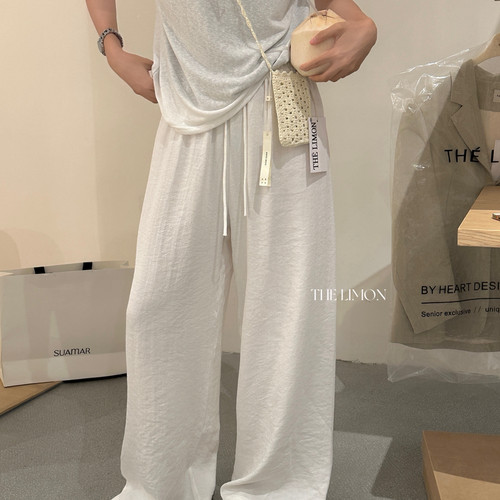 TL夏新款韩系老钱风棉麻混纺百搭松紧腰抽绳显瘦宽松阔腿女休闲裤