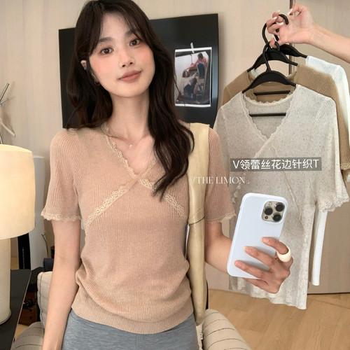 TL夏新款韩系蕾丝边天丝亚麻V领修身短袖T恤薄款针织衫女上衣小衫