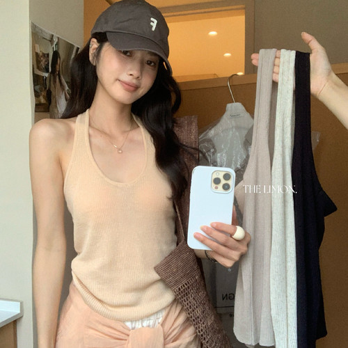 TL夏新款韩系修身百搭挂脖亚麻混纺针织露背背心打底吊带衫女上衣