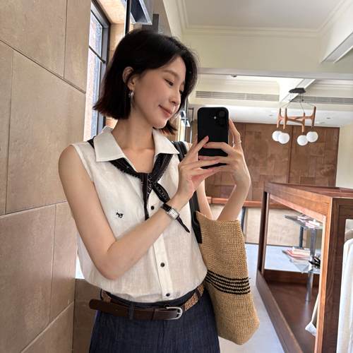 THX夏新款韩系通勤老钱风刺绣小标Polo领纯亚麻无袖衬衫女上衣