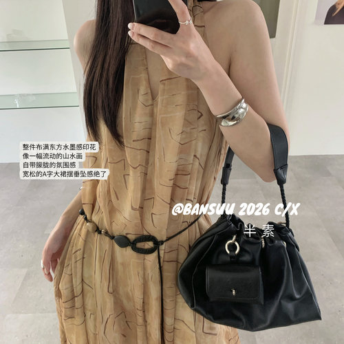 BS夏新款韩系气质度假御姐风几何图案性感无袖V领无袖长款连衣裙