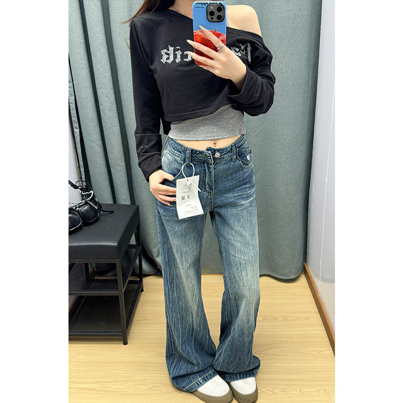 MS秋新款复古蓝直筒微喇牛仔裤女美式高腰水洗宽松辣妹常规加长