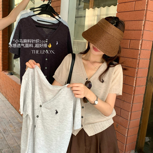 TL夏上新韩系简约冰感透气休闲通勤百搭纯色短袖针织开衫女上衣