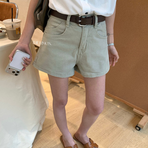 TL夏新款韩系百搭简约舒适高腰女休闲牛仔短裤(配皮带)